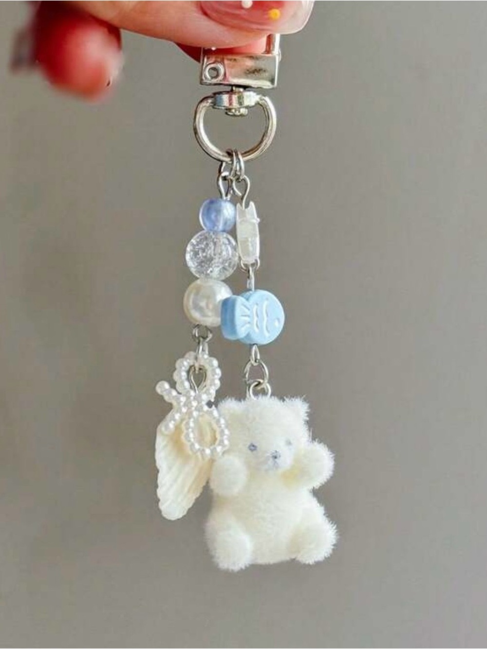 NIP Cute White Plush Bear Keychain with Blue Beads